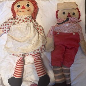 Classic Rag Doll Set with Red and Cream Outfits. Raggedy Ann and Andy. Vintage